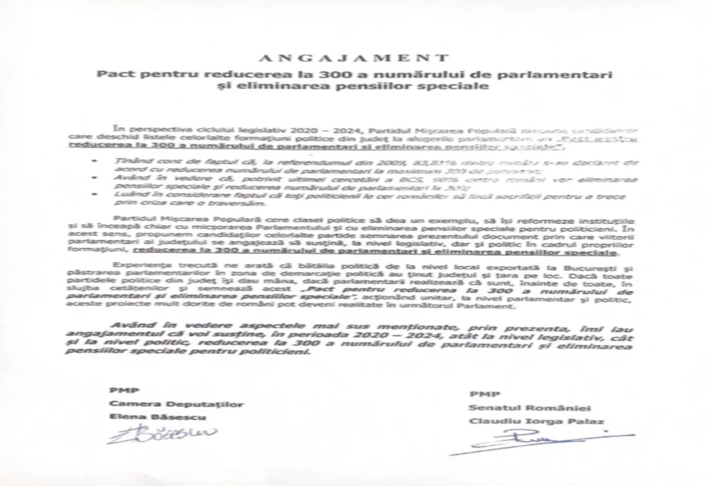 PMP lansează ANGAJAMENTUL „Pact pentru reducerea la 300 a numărului de parlamentari și eliminarea pensiilor speciale”