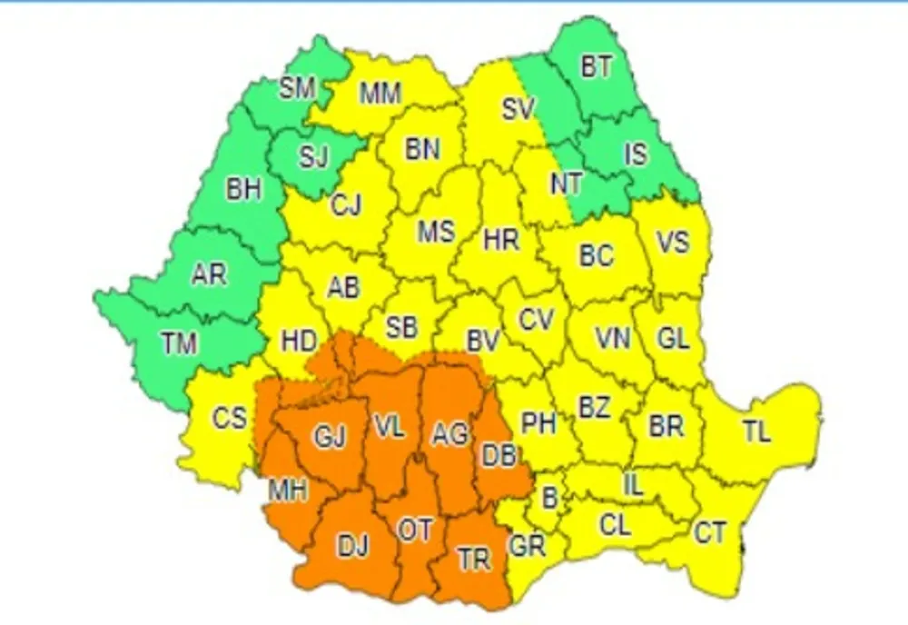 Cod galben și portocaliu de ploi, grindină și vijelii
