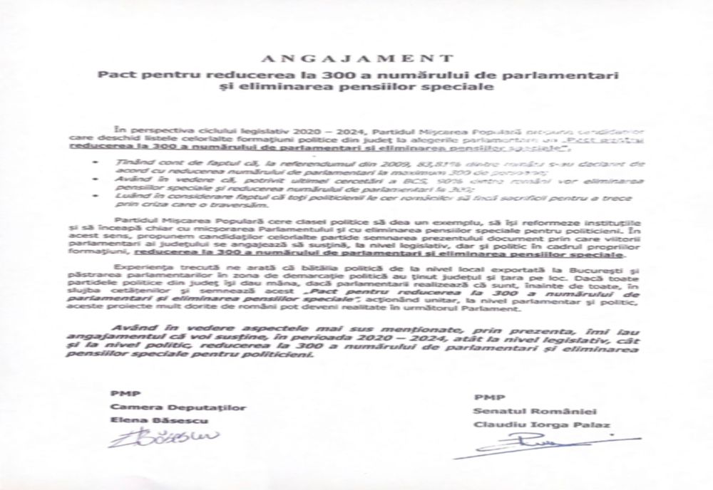 PMP lansează ANGAJAMENTUL „Pact pentru reducerea la 300 a numărului de parlamentari și eliminarea pensiilor speciale”