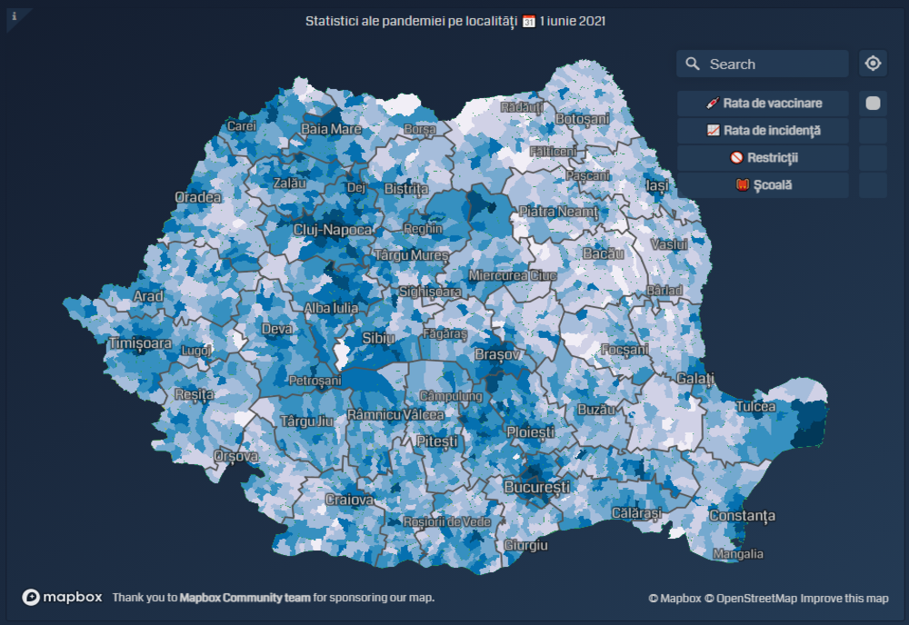 Hartă interactivă a ratei de acoperire vaccinală la nivelul localităților din România