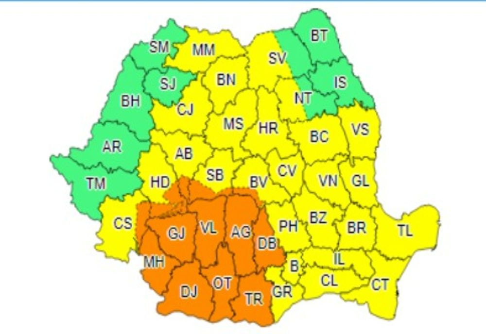 Cod galben și portocaliu de ploi, grindină și vijelii