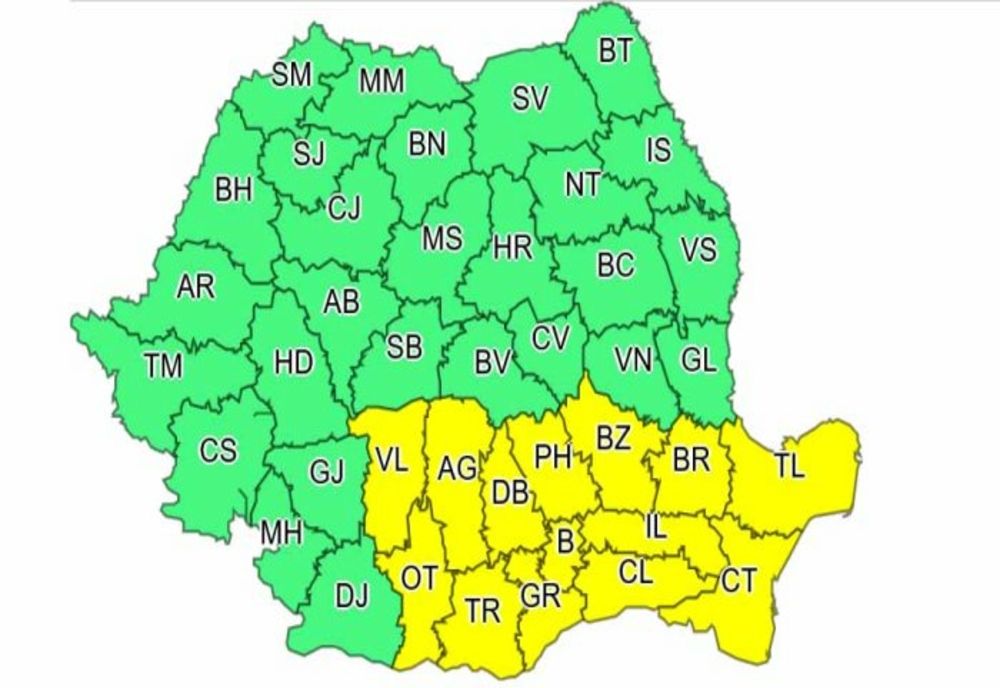 Cod galben. Averse, descărcări electrice, intensificări ale vântului, în sudul şi sud-estul ţării până duminică dimineaţă